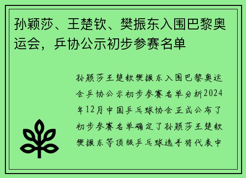 孙颖莎、王楚钦、樊振东入围巴黎奥运会，乒协公示初步参赛名单