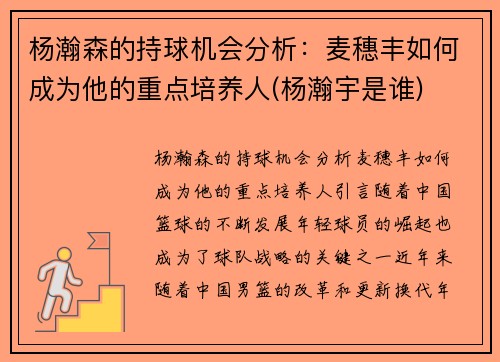 杨瀚森的持球机会分析：麦穗丰如何成为他的重点培养人(杨瀚宇是谁)