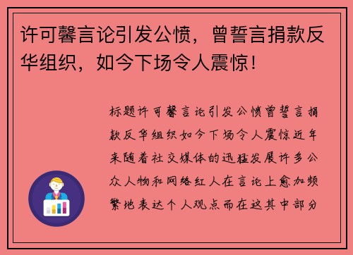 许可馨言论引发公愤，曾誓言捐款反华组织，如今下场令人震惊！